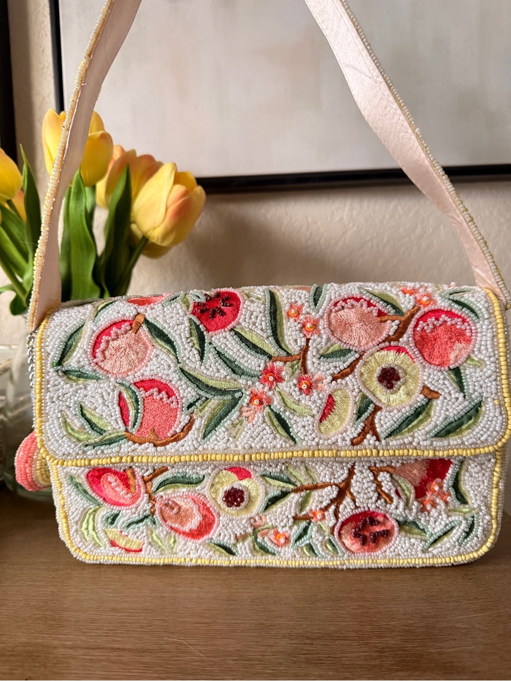 Viral handmade beaded shoulder bag vibrant peach floral pattern